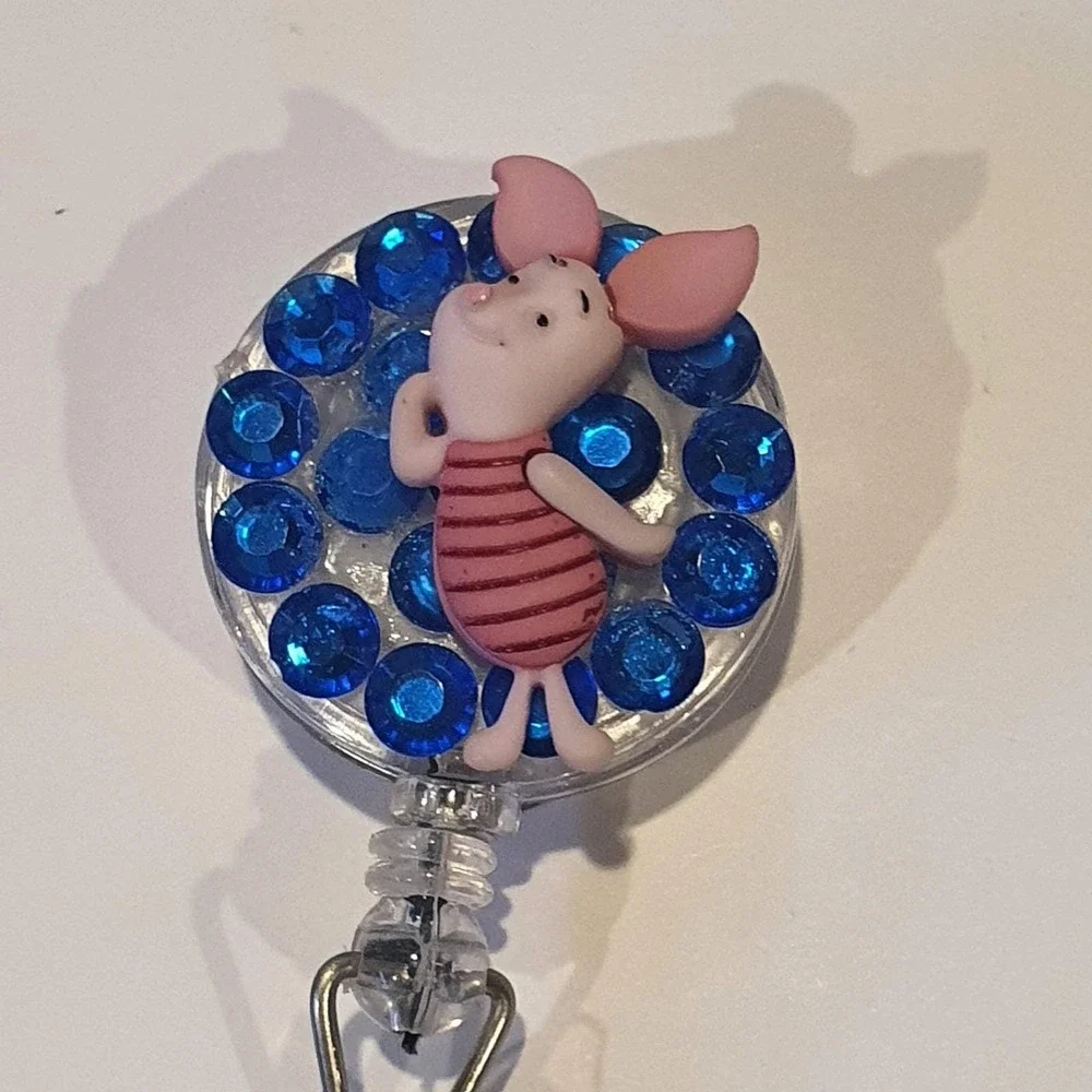 Disney Piglet Winnie the Pooh Retractable Badge Reel Blue Rhinestone‎ ID Holder